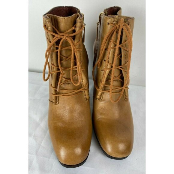 ELIZABETH AND JAMES Light Cognac Brown Leather Lace Up Side Zip Boots Heels Sz 8 - Picture 3 of 9